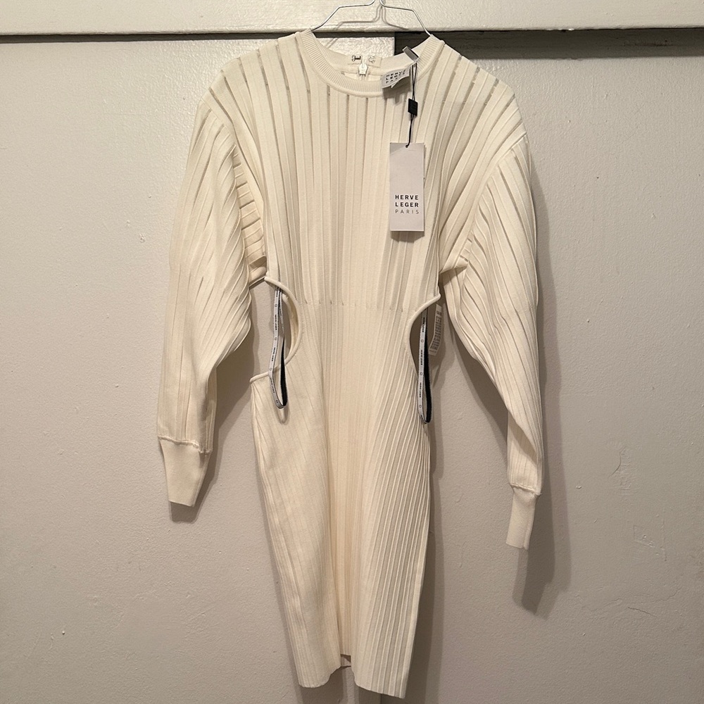 Herve Leger Cream Ribbed Knit Dress